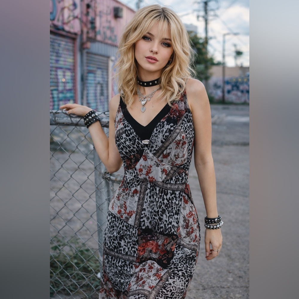 VTG Zoey Beth Empire Tie Back Floral Animal Print Patchwork Midi Dress